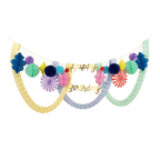 Multicolor birthday banner with honeycomb decorations for birthday theme from Parte Haus party supply store in Bethesda Maryland