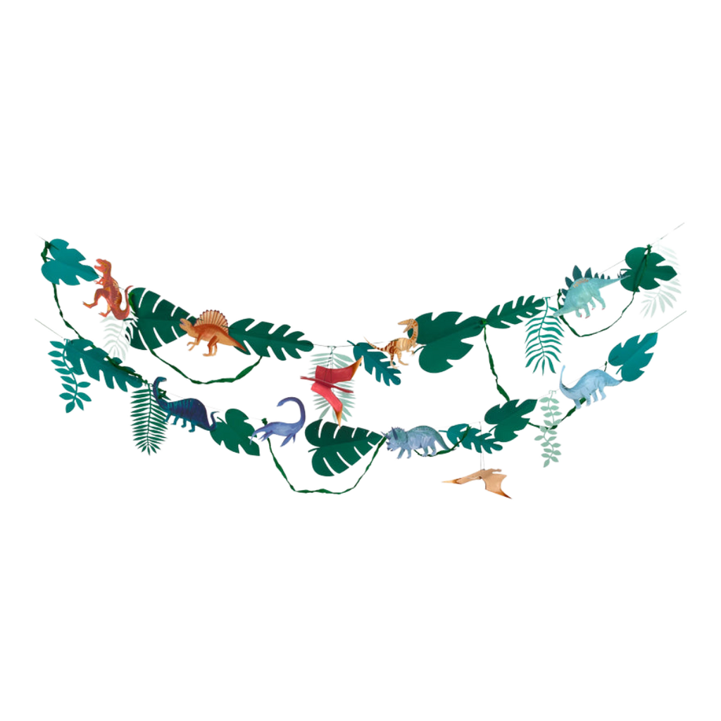 green and multicolor dinosaur garland with leaves for kids birthday from Parte Haus party supply store in Bethesda Maryland
