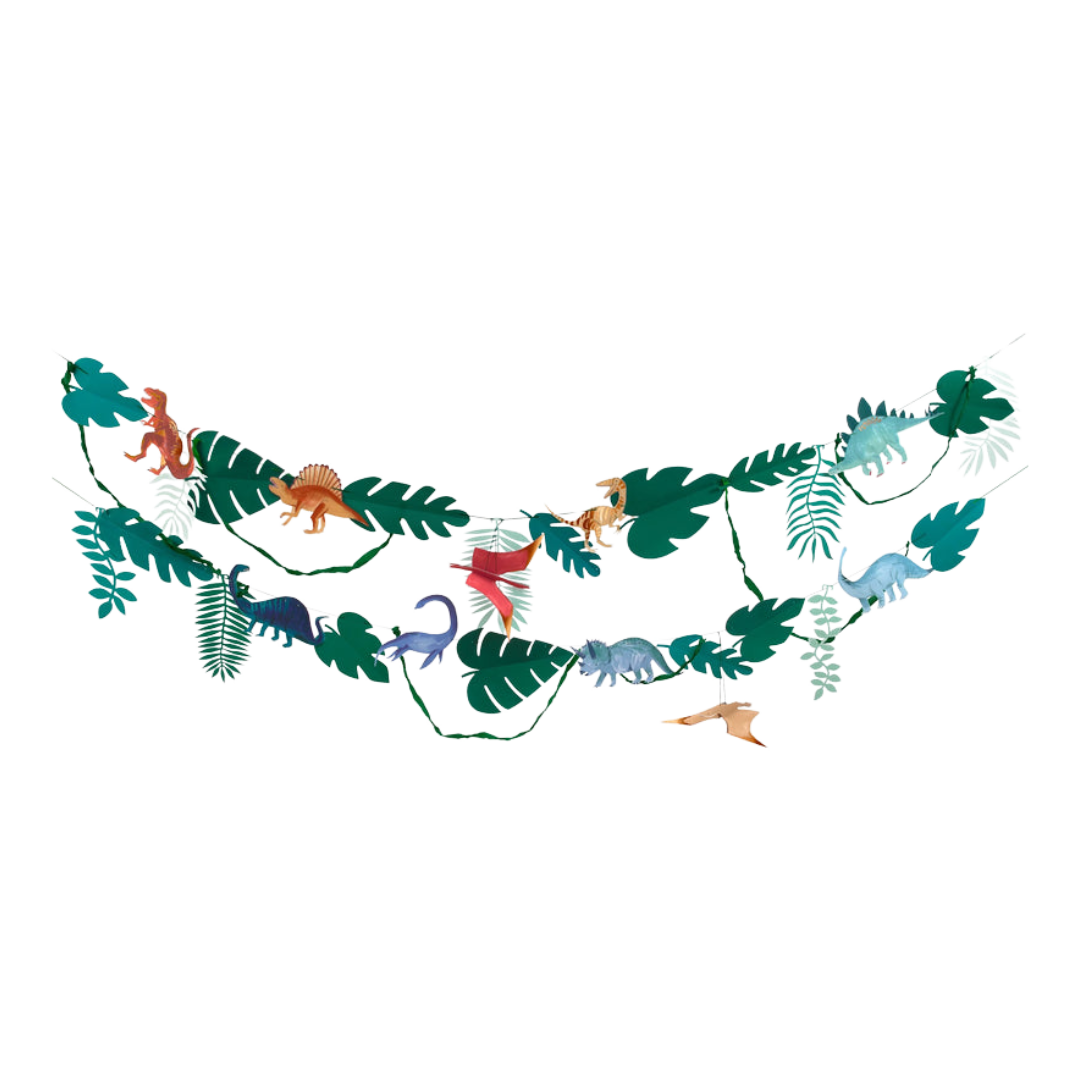 green and multicolor dinosaur garland with leaves for kids birthday from Parte Haus party supply store in Bethesda Maryland