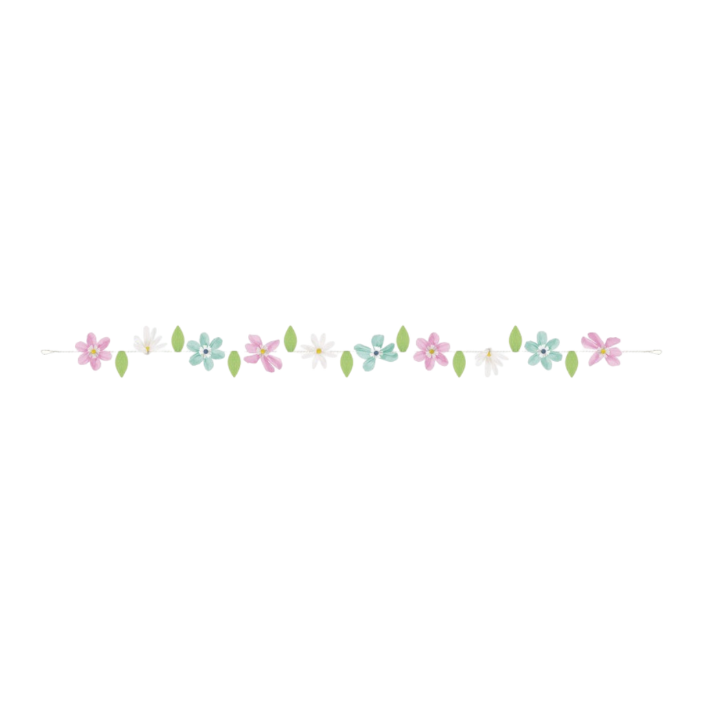 Pastel floral garland with paper flowers and green leaves spring decoration from Parte Haus party supply store in Bethesda MD