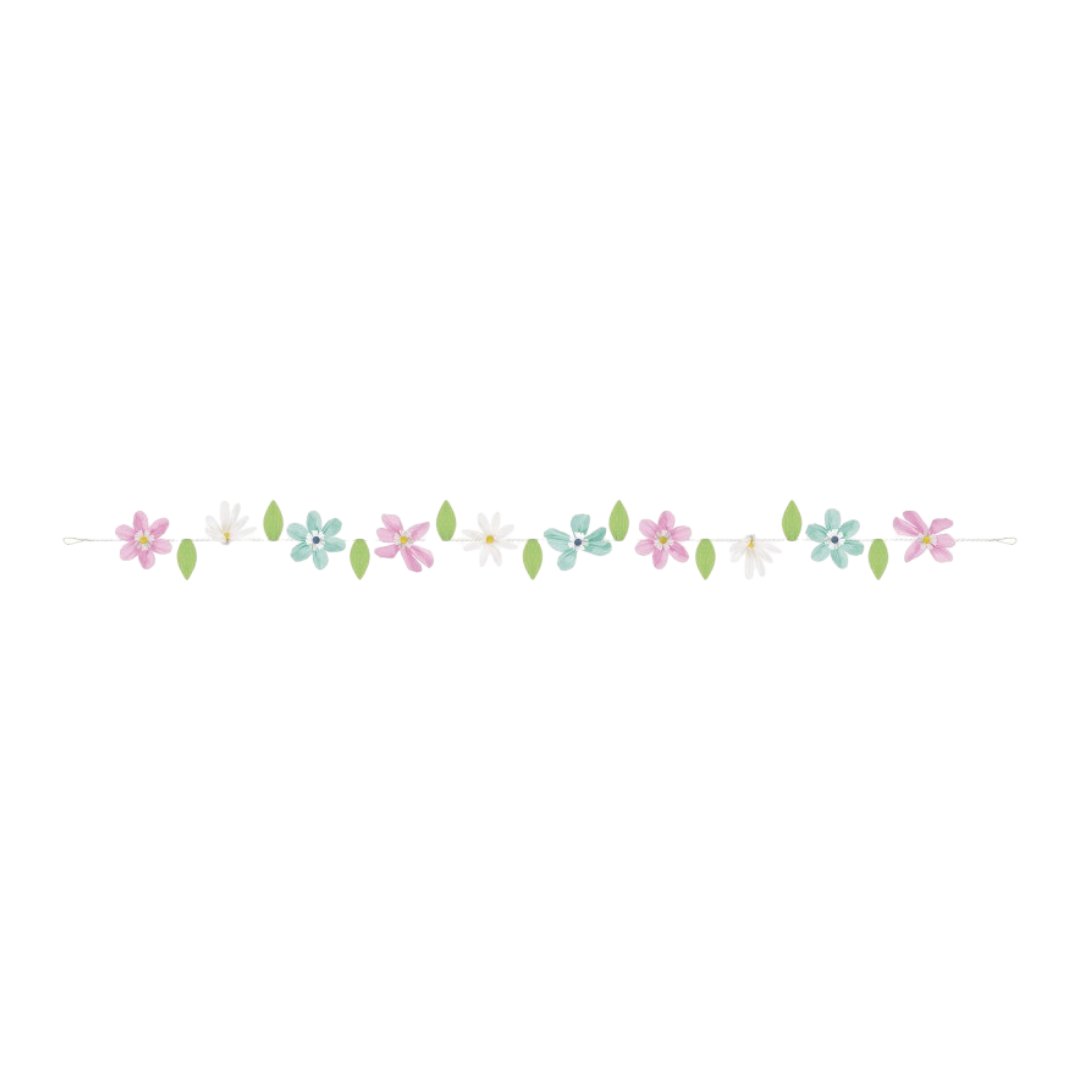 Pastel floral garland with paper flowers and green leaves spring decoration from Parte Haus party supply store in Bethesda MD