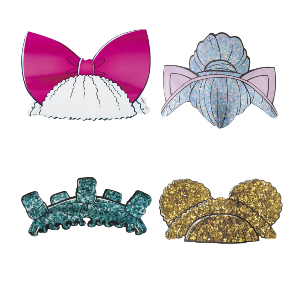 Pink white blue and gold glitter hair accessory pins novelty decoration from Parte Haus party supply store in Bethesda MD