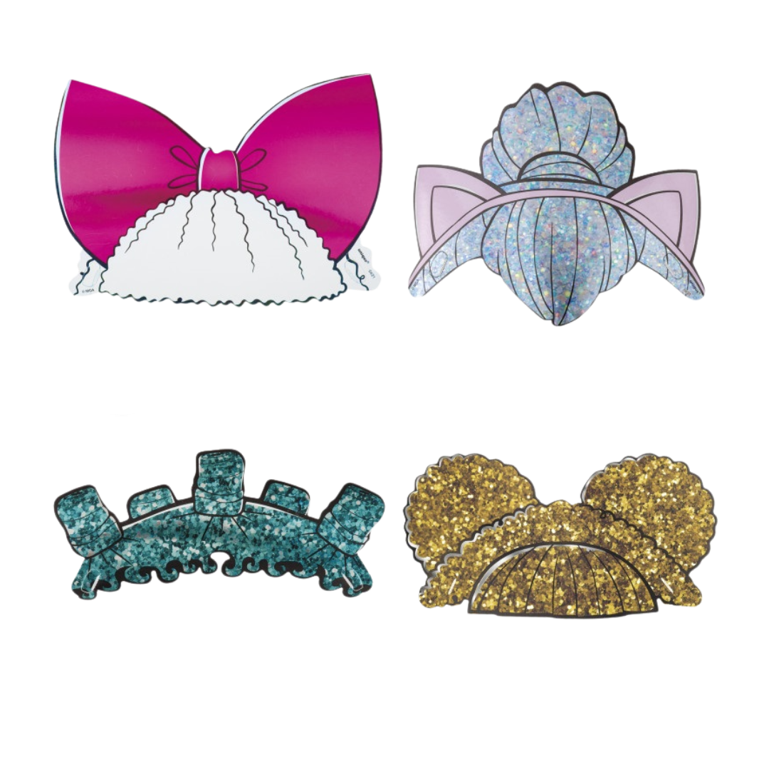 Pink white blue and gold glitter hair accessory pins novelty decoration from Parte Haus party supply store in Bethesda MD