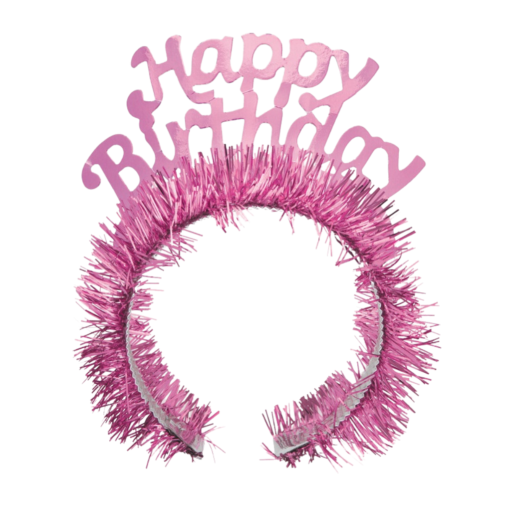 Pink happy birthday headband with tinsel for birthday celebration from Parte Haus party supply store in Bethesda Maryland