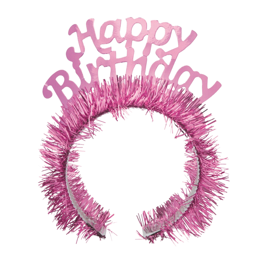 Pink happy birthday headband with tinsel for birthday celebration from Parte Haus party supply store in Bethesda Maryland