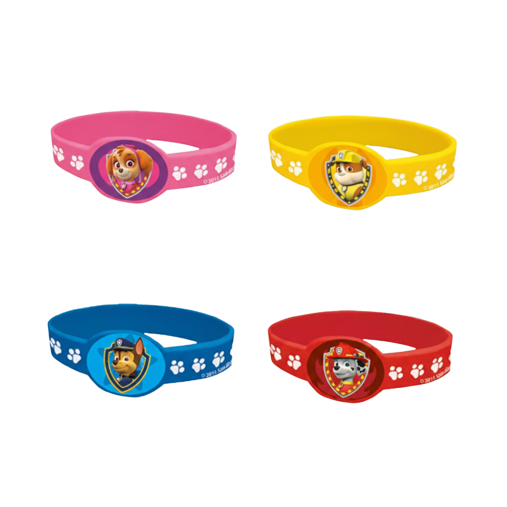 Pink yellow blue and red Paw Patrol silicone wristbands with cartoon dog faces kids birthday from Parte Haus party supply store in Bethesda MD.