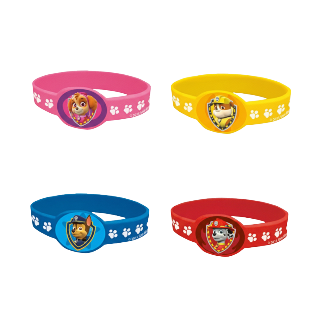 Pink yellow blue and red Paw Patrol silicone wristbands with cartoon dog faces kids birthday from Parte Haus party supply store in Bethesda MD.