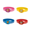 Pink yellow blue and red Paw Patrol silicone wristbands with cartoon dog faces kids birthday from Parte Haus party supply store in Bethesda MD.