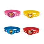 Pink yellow blue and red Paw Patrol silicone wristbands with cartoon dog faces kids birthday from Parte Haus party supply store in Bethesda MD.