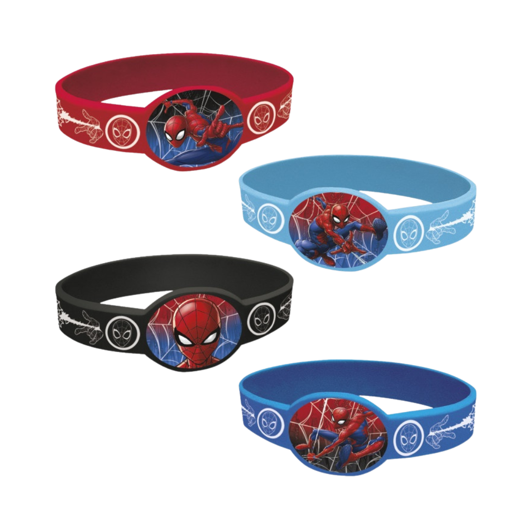 Red blue and black Spiderman wristbands with comic graphics birthday theme from Parte Haus party supply store in Bethesda MD