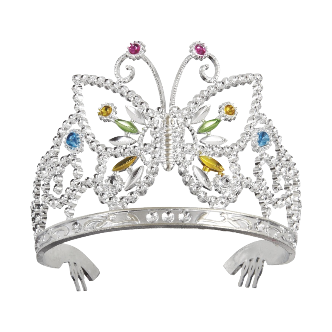 Silver butterfly tiara with colorful gems princess birthday from Parte Haus party supply store in Bethesda Maryland.