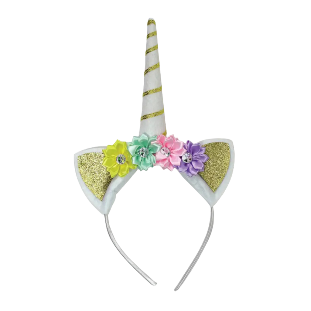 Gold and white unicorn headband with colorful flowers for birthday theme from Parte Haus party supply store in Bethesda MD