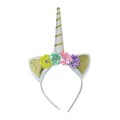 Gold and white unicorn headband with colorful flowers for birthday theme from Parte Haus party supply store in Bethesda MD