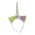 Gold and white unicorn headband with colorful flowers for birthday theme from Parte Haus party supply store in Bethesda MD