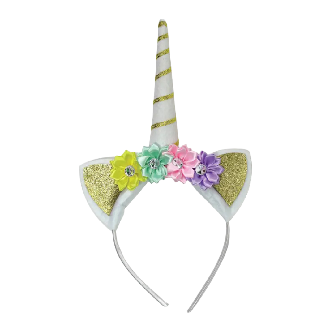 Gold and white unicorn headband with colorful flowers for birthday theme from Parte Haus party supply store in Bethesda MD
