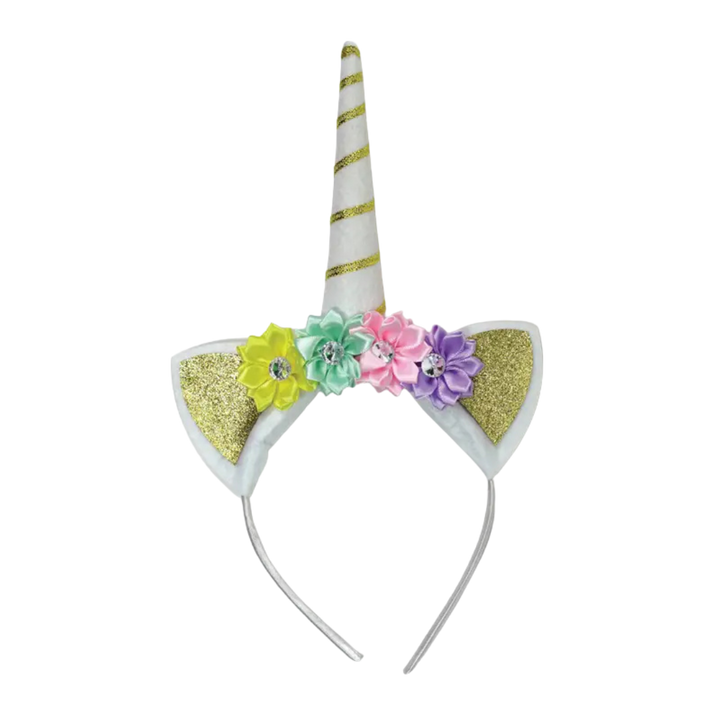 Gold and white unicorn headband with colorful flowers for birthday theme from Parte Haus party supply store in Bethesda MD