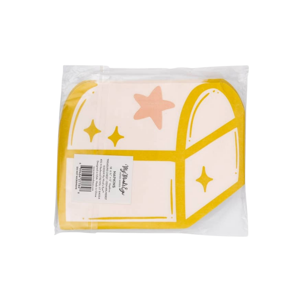 Gold and pink treasure chest napkins with star accents for pirate theme from Parte Haus party supply store in Bethesda MD