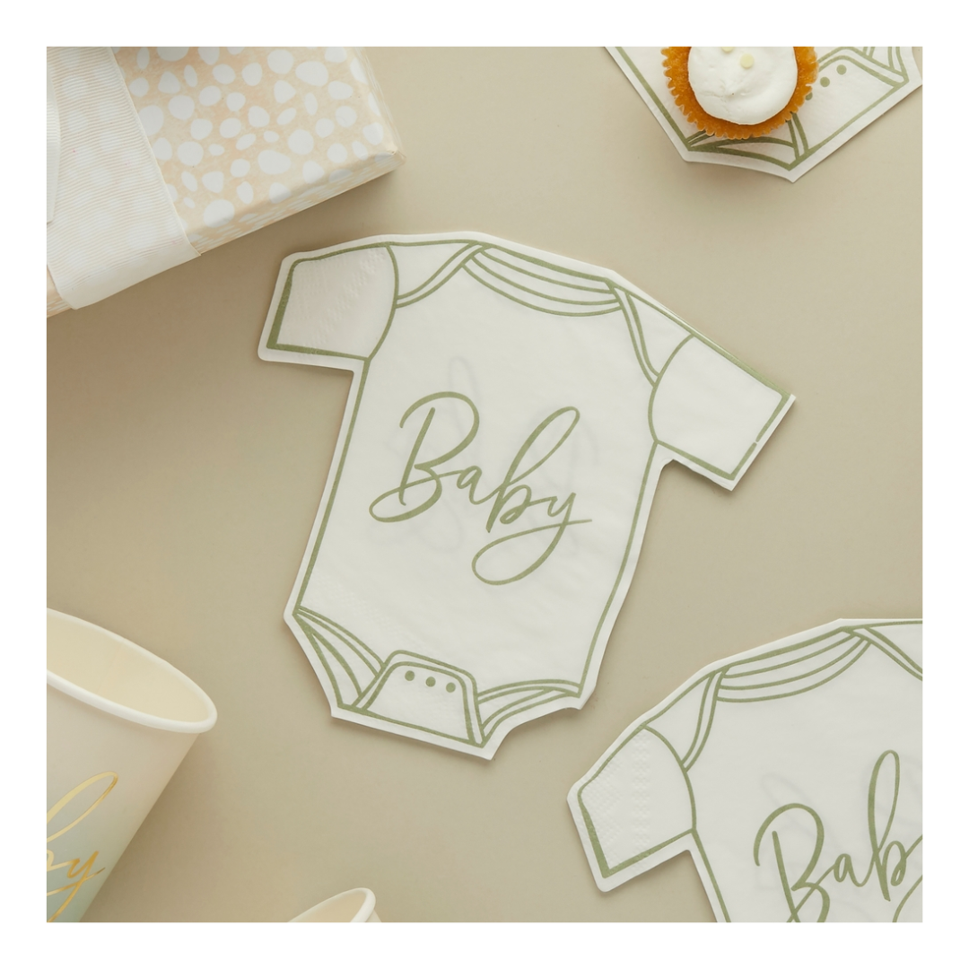 white baby onesie napkin with green trim baby shower theme from Parte Haus party supply store in Bethesda Maryland
