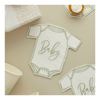 white baby onesie napkin with green trim baby shower theme from Parte Haus party supply store in Bethesda Maryland