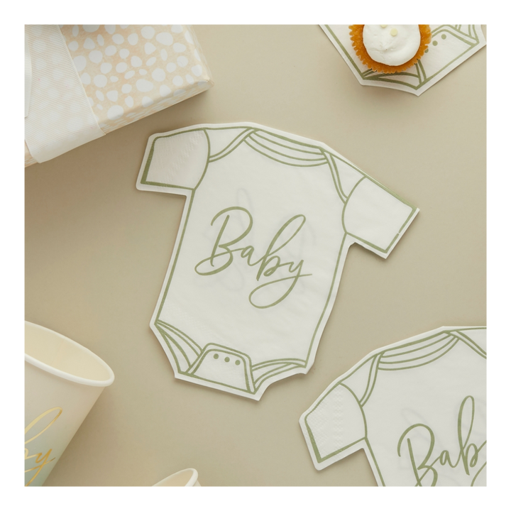 white baby onesie napkin with green trim baby shower theme from Parte Haus party supply store in Bethesda Maryland