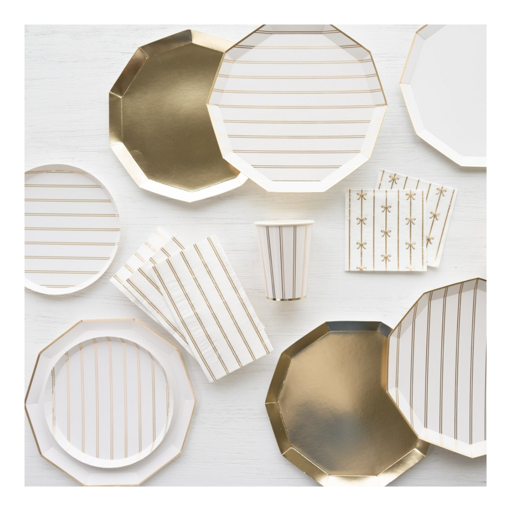 White and gold striped paper plates cups and napkins elegant tableware set for celebration from Parte Haus party supply store in Bethesda Maryland