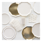 White and gold striped paper plates cups and napkins elegant tableware set for celebration from Parte Haus party supply store in Bethesda Maryland