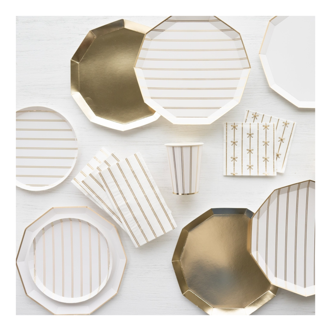 White and gold striped paper plates cups and napkins elegant tableware set for celebration from Parte Haus party supply store in Bethesda Maryland