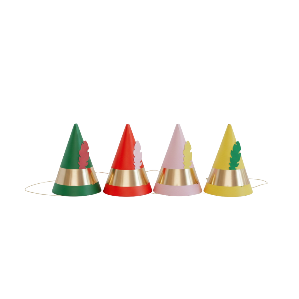 Green red pink yellow cone hats with gold band birthday theme from Parte Haus party supply store in Bethesda MD