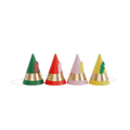 Green red pink yellow cone hats with gold band birthday theme from Parte Haus party supply store in Bethesda MD