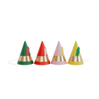 Green red pink yellow cone hats with gold band birthday theme from Parte Haus party supply store in Bethesda MD