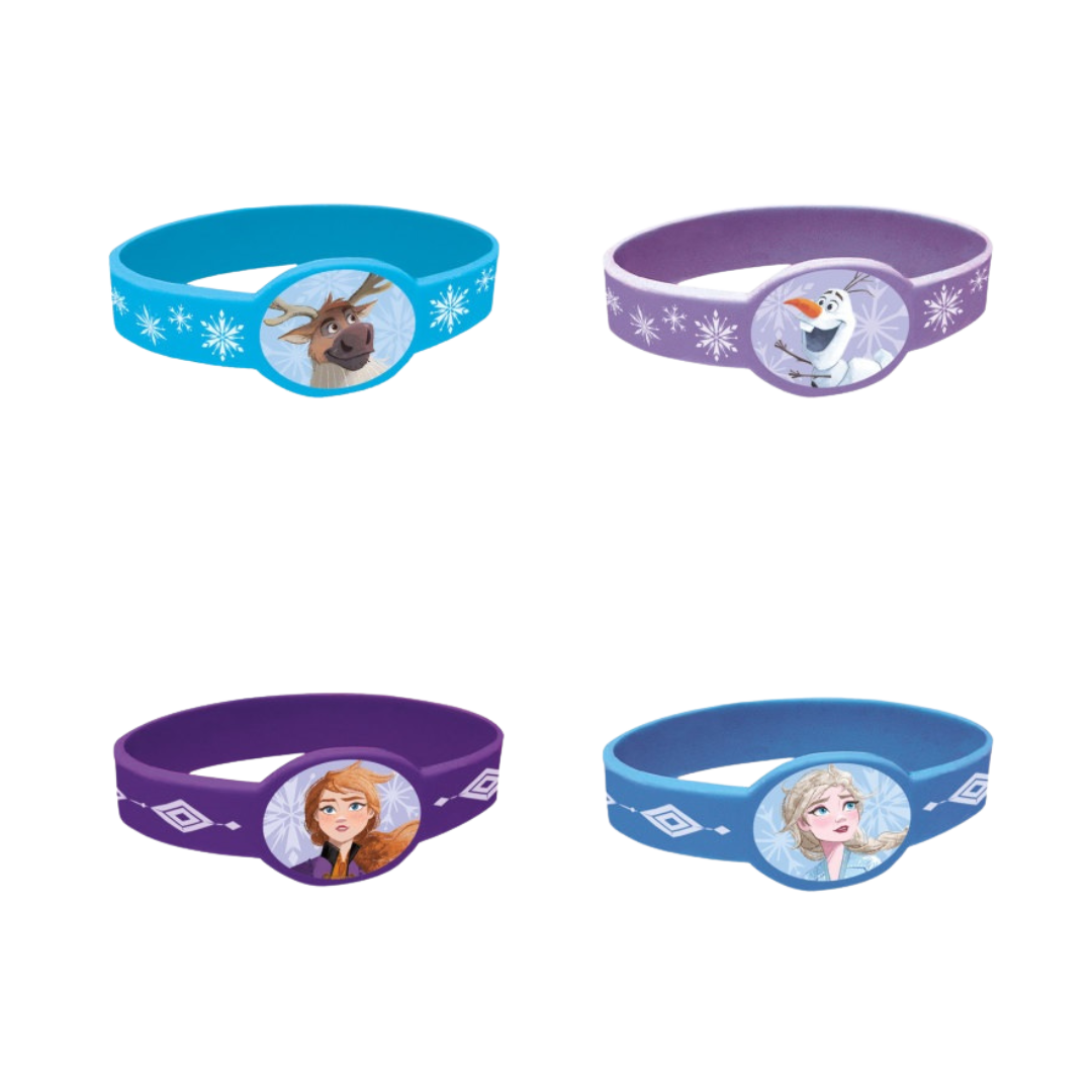 Blue and purple Frozen character rubber wristbands for birthday party theme from Parte Haus party supply store in Bethesda MD