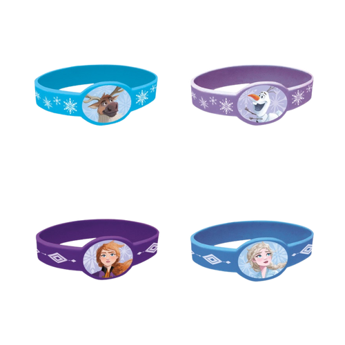 Blue and purple Frozen character rubber wristbands for birthday party theme from Parte Haus party supply store in Bethesda MD