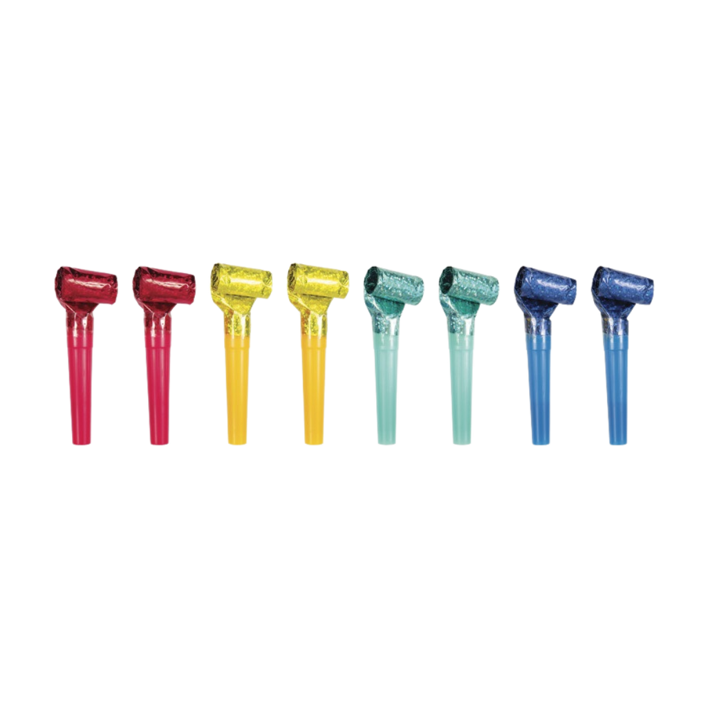 Rainbow assorted blowouts in plastic with foil accents for birthday fun from Parte Haus party supply store in Bethesda MD.