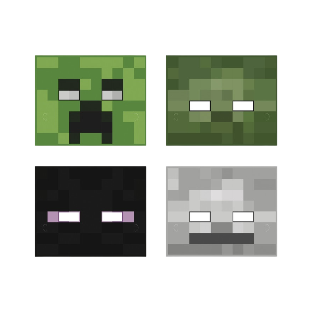 Green and black pixelated character face masks for gaming birthday theme from Parte Haus party supply store in Bethesda MD