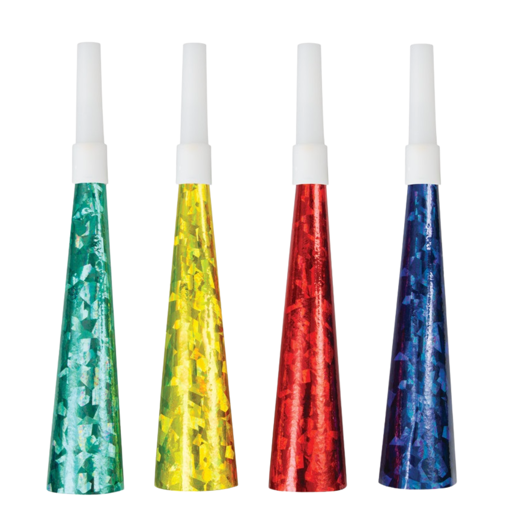 Green yellow red and blue foil party horns for birthday celebrations from Parte Haus party supply store in Bethesda MD.