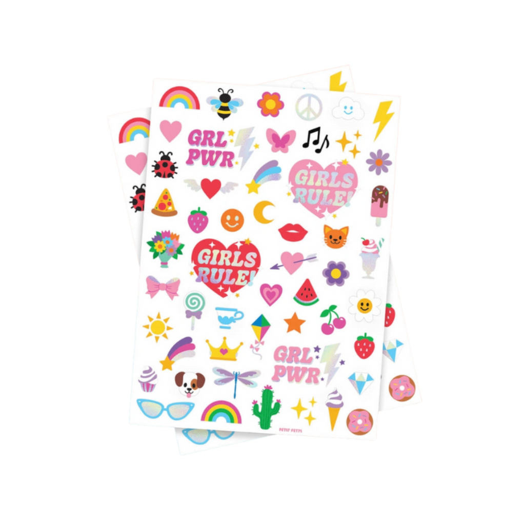 Colorful girls rule sticker sheet with fun icons for kids birthday from Parte Haus party supply store in Bethesda MD