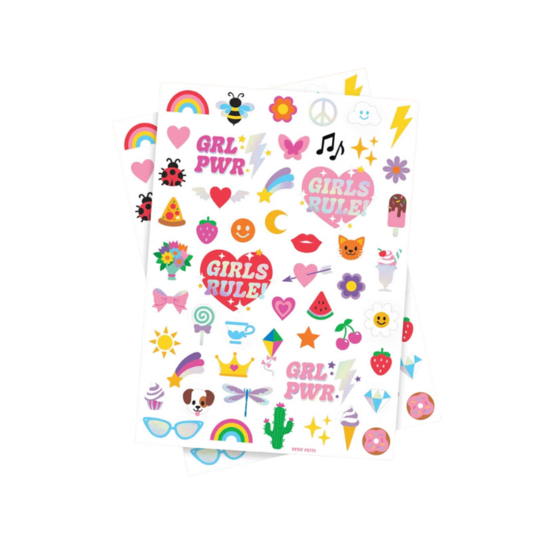 Colorful girls rule sticker sheet with fun icons for kids birthday from Parte Haus party supply store in Bethesda MD