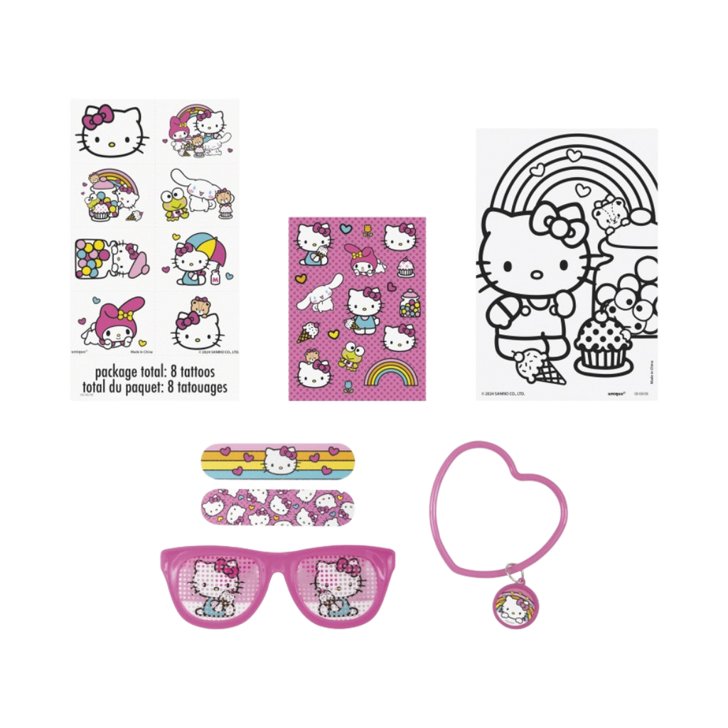 Pink and white Hello Kitty favor kit with stickers tattoos sunglasses bracelet from Parte Haus party supply store in Bethesda MD