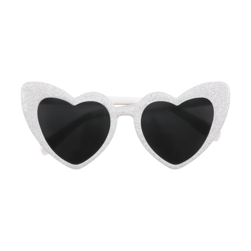 White glitter heart sunglasses with black lenses for bachelorette from Parte Haus party supply store in Bethesda MD
