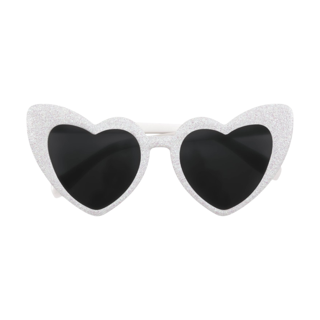 White glitter heart sunglasses with black lenses for bachelorette from Parte Haus party supply store in Bethesda MD