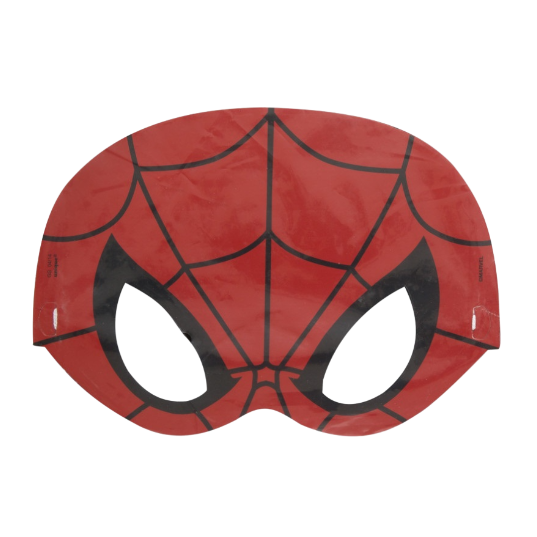 Red superhero paper mask with black web lines for kids birthday from Parte Haus party supply store in Bethesda MD
