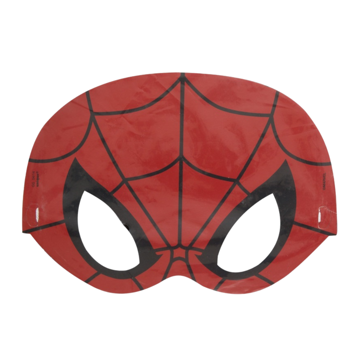 Red superhero paper mask with black web lines for kids birthday from Parte Haus party supply store in Bethesda MD