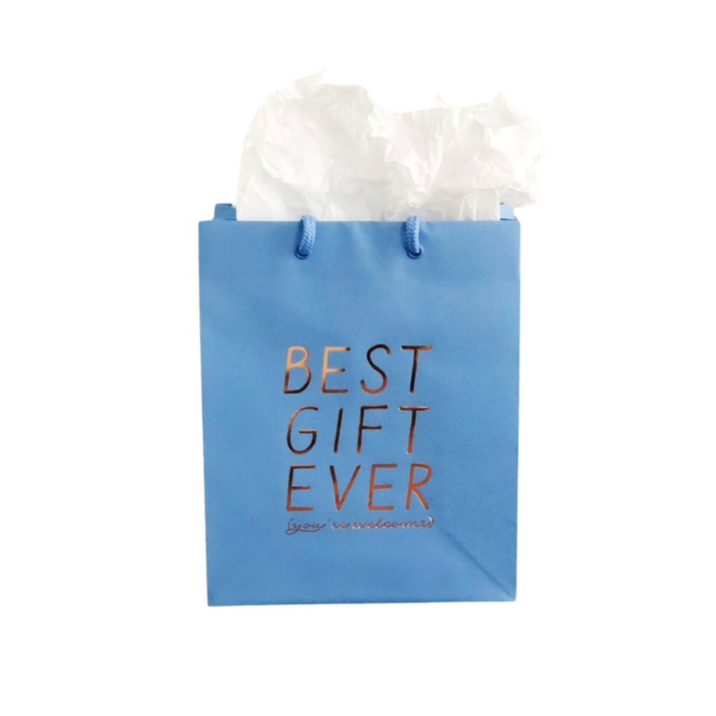 Blue gift bag with gold best gift ever text for birthday celebration from Parte Haus party supply store in Bethesda MD