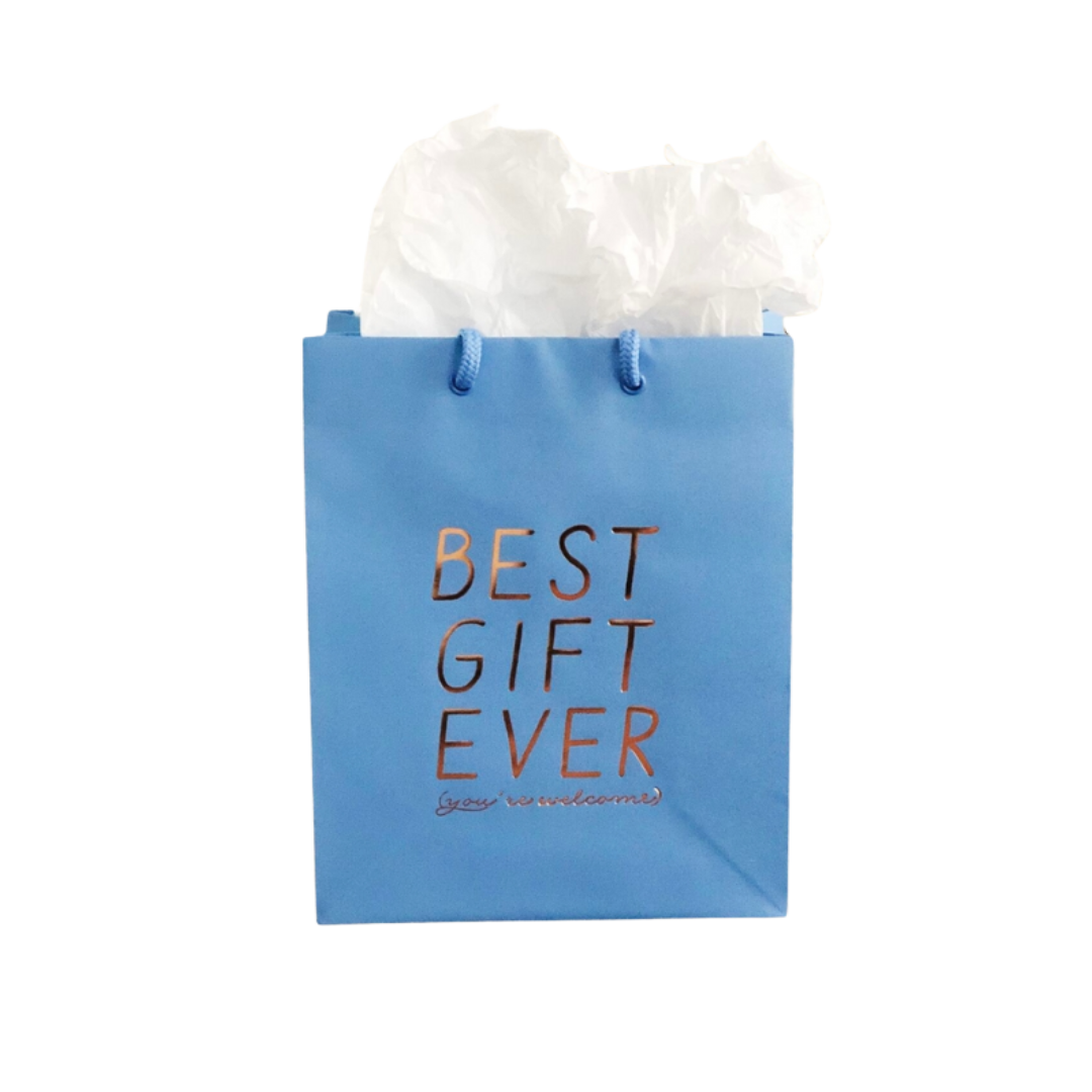 Blue gift bag with gold best gift ever text for birthday celebration from Parte Haus party supply store in Bethesda MD