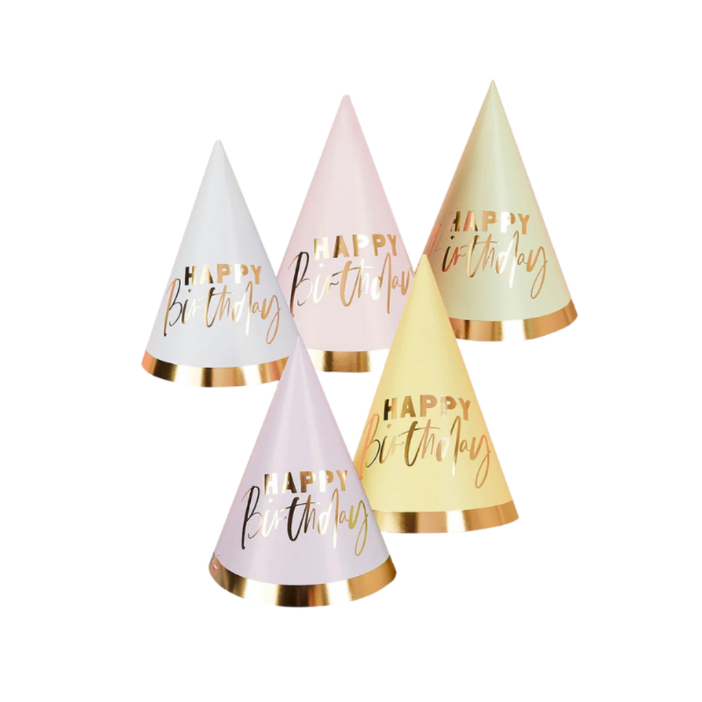 pastel and gold birthday hats cone shaped with happy birthday text for birthday from Parte Haus party supply store in Bethesda Maryland