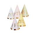 pastel and gold birthday hats cone shaped with happy birthday text for birthday from Parte Haus party supply store in Bethesda Maryland