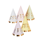pastel and gold birthday hats cone shaped with happy birthday text for birthday from Parte Haus party supply store in Bethesda Maryland
