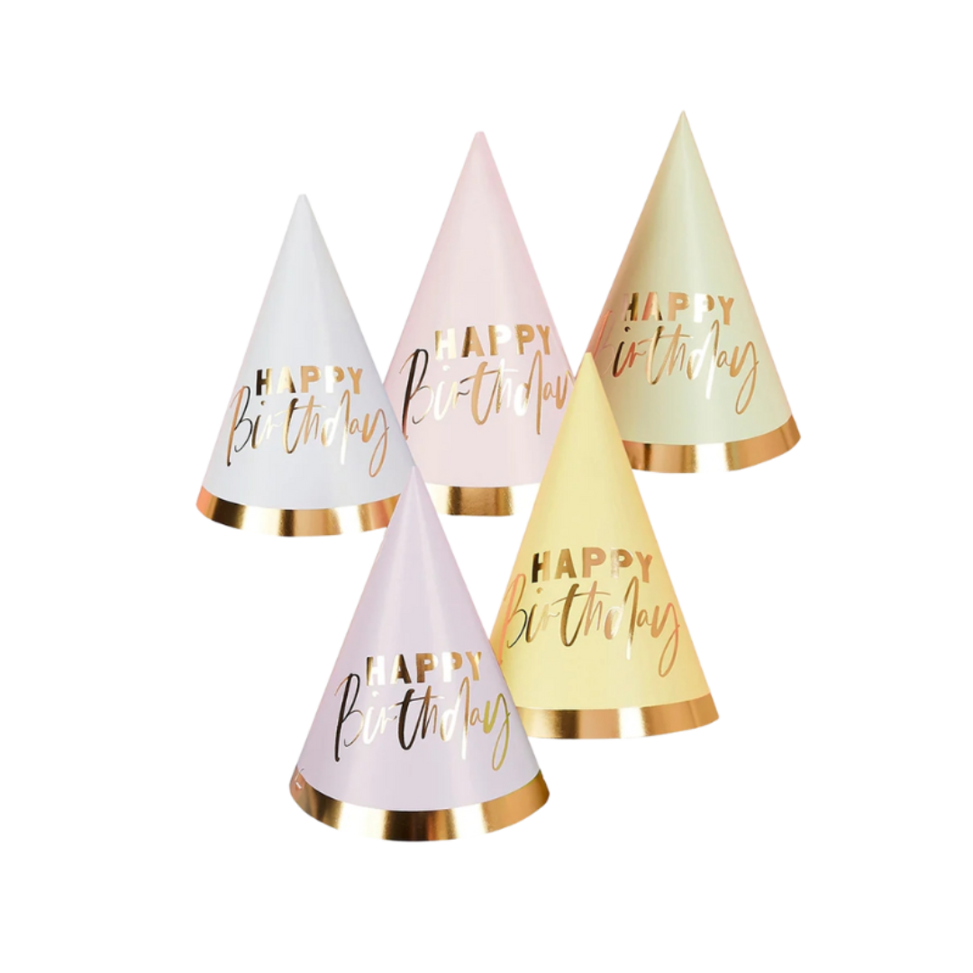 pastel and gold birthday hats cone shaped with happy birthday text for birthday from Parte Haus party supply store in Bethesda Maryland