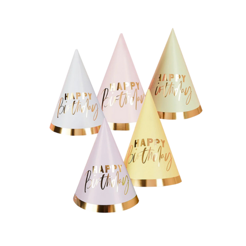 pastel and gold birthday hats cone shaped with happy birthday text for birthday from Parte Haus party supply store in Bethesda Maryland