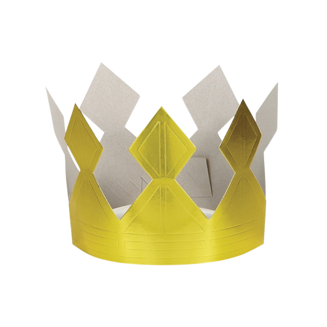 Gold paper crown with diamond shapes for birthday celebration from Parte Haus party supply store in Bethesda MD.